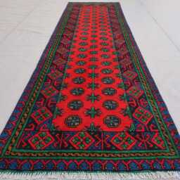 2'5x9'7 Fine Bukhara Runner Rug, Afghan Handmade Wool Natural Veg Dyes High Pile Turkmen Traditional Red Blue Green Orange Rug - thumbnail 2