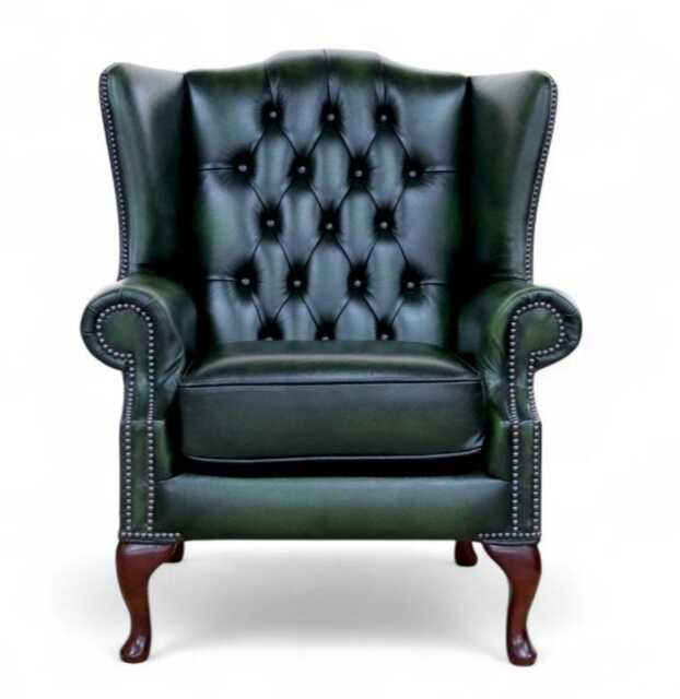 Handmade Chesterfield Leather Wing Chair - Antique Green - image 1