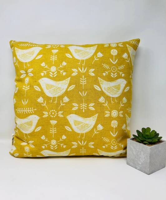 Scandi Yellow Mustard Bird Cushion, Cushion Cover, & White Duck Feather Pillow, Birthday Present, Letterbox Gift - image 1