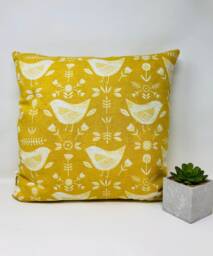 Scandi Yellow Mustard Bird Cushion, Cushion Cover, & White Duck Feather Pillow, Birthday Present, Letterbox Gift - thumbnail 1