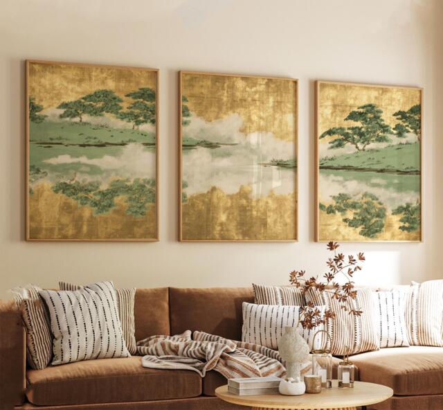 Gold Leaf Landscape Poster Set - Japanese Misty Lake & Pine Trees Wall Art Green Palette - image 1