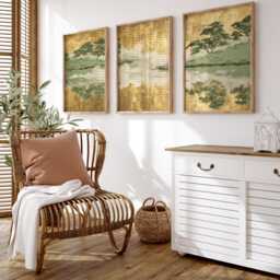 Gold Leaf Landscape Poster Set - Japanese Misty Lake & Pine Trees Wall Art Green Palette - thumbnail 3