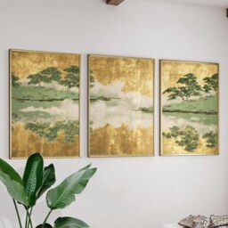 Gold Leaf Landscape Poster Set - Japanese Misty Lake & Pine Trees Wall Art Green Palette - thumbnail 2