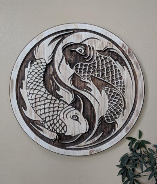 Wood Carved Yin Yang Koi Fish Wall Art, Zen Decor, Martial Arts Home Ornament - image 1