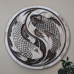 Wood Carved Yin Yang Koi Fish Wall Art, Zen Decor, Martial Arts Home Ornament - thumbnail 2