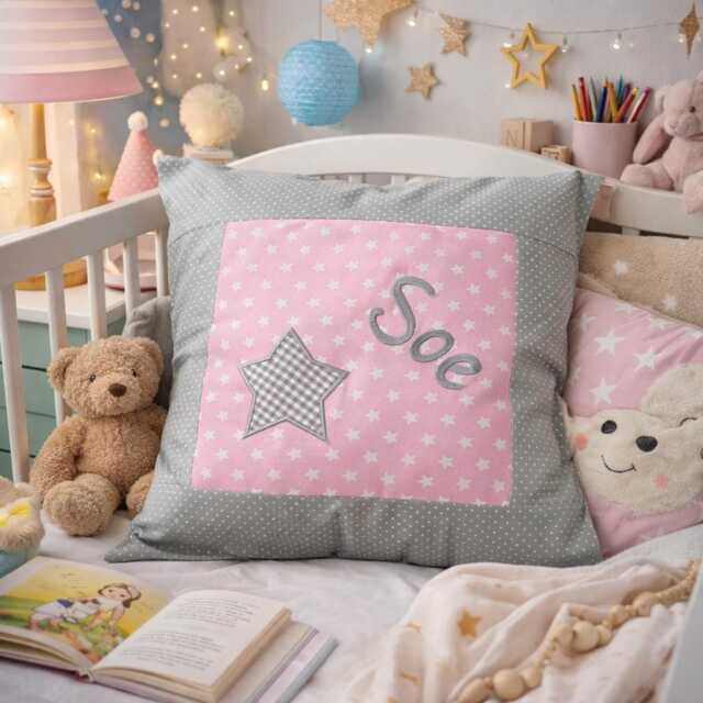 Embroidered Pillow Star + Name //Pink - Grey// 40x40 Personalized Pillowcase With Custom Name Gift Cuddly Snuggle Name - image 1