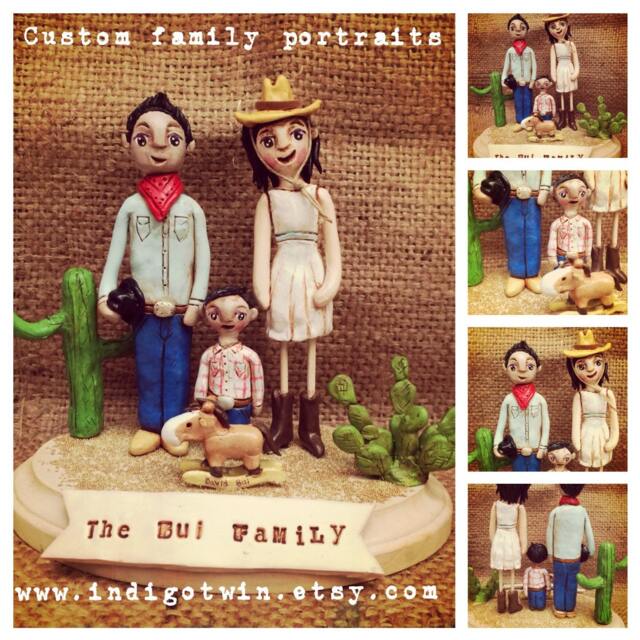 Custom Family Portrait Sculpture Clay Folk Art, Of Three - image 1