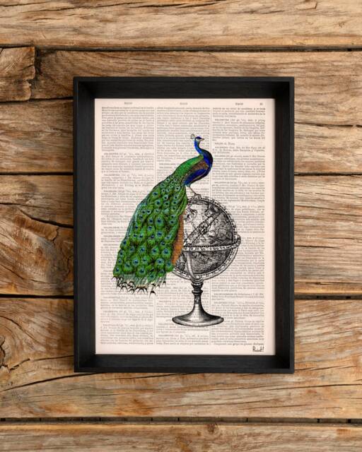 Peacock Zodiac Globe Art Print - Astrology Mythology Dictionary Page Decor Maximalist Celestial Gift - image 1