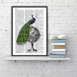 Peacock Zodiac Globe Art Print - Astrology Mythology Dictionary Page Decor Maximalist Celestial Gift - thumbnail 3