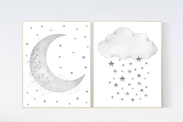 Moon & Cloud Nursery Print Grey Stars Wall Art - image 1