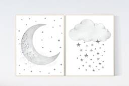 Moon & Cloud Nursery Print Grey Stars Wall Art - thumbnail 1