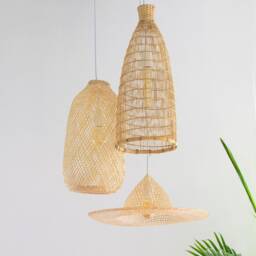 Handwoven Bamboo Basket Chandelier - Rustic Farmhouse Pendant Light - thumbnail 3