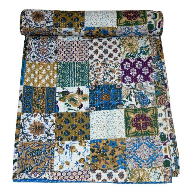 Indian Patchwork Kantha Quilt Handmade Gudari Blanket Throw Cotton Bedspread Bohemian Quilt, Hand Quilted Blankets - image 1