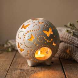 Monarch Butterfly Lantern, Pierced Tea Light Holder, Wedding Anniversary Gift, Hand-Carved Pottery