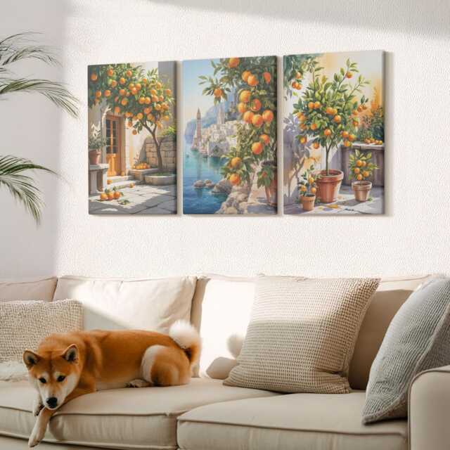 Canvas Set Of 3 Wall Art - Painted Citrus Fruits & Seaside Landscapes, Orange Large, Landscapes Decor - image 1