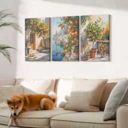 Canvas Set Of 3 Wall Art - Painted Citrus Fruits & Seaside Landscapes, Orange Large, Landscapes Decor
