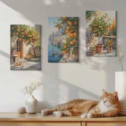 Canvas Set Of 3 Wall Art - Painted Citrus Fruits & Seaside Landscapes, Orange Large, Landscapes Decor - thumbnail 3