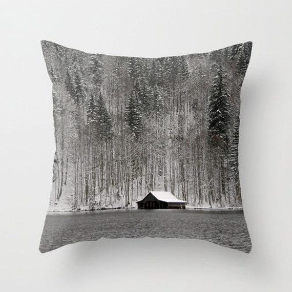 Boat House, Pillow Or Cover Home Decoration, Winter Decor, Interior Design, Black White, Grey, Winter, Snow, Rustic, Austria - image 1