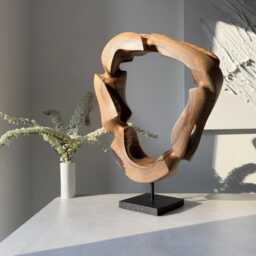 Walnut Wood Sculpture - Hand Carved Abstract Organic Art Japandi Interior Decor Portal Circle - thumbnail 2