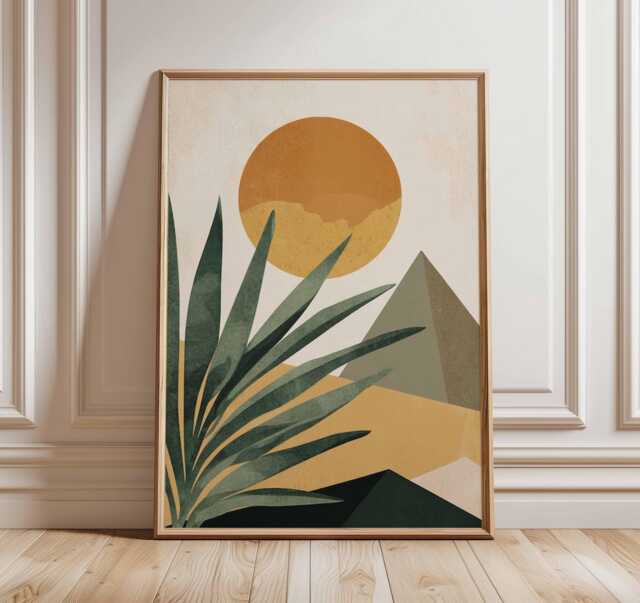 Desert Landscape Wall Art Print, Minimalist Sun & Mountains Poster, Modern Boho Plant Artwork, Southwestern Home Decor - image 1