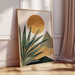 Desert Landscape Wall Art Print, Minimalist Sun & Mountains Poster, Modern Boho Plant Artwork, Southwestern Home Decor - thumbnail 2