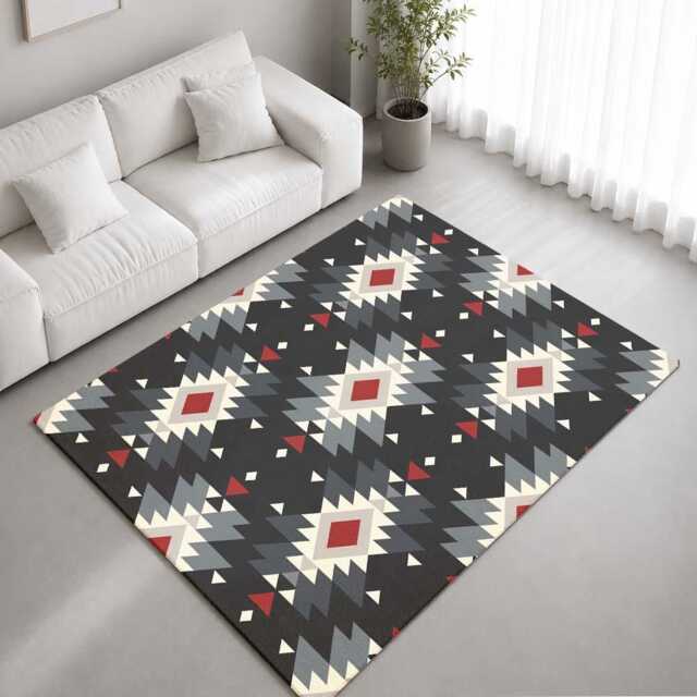 Black Grey Red Tribal Geometric Pattern Rug Non-Slip Soft Area Carpet Bedroom Living Room Hallway Mat Decor - Made in UK - image 1