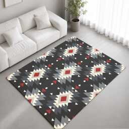 Black Grey Red Tribal Geometric Pattern Rug Non-Slip Soft Area Carpet Bedroom Living Room Hallway Mat Decor - Made in UK