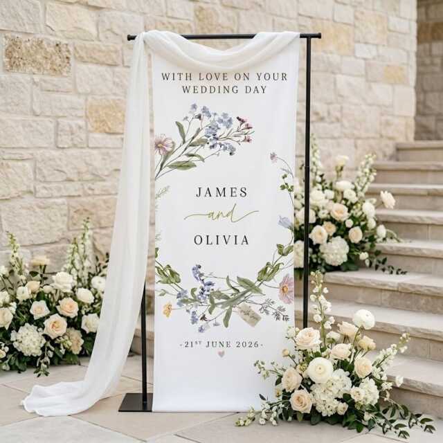 Personalized Wedding Day Banner Floral Wreath, Custom Couple Wall Tapestry, Beach Ceremony Sign, Elegant Fabric Decor 2026 - image 1