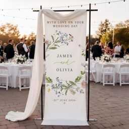 Personalized Wedding Day Banner Floral Wreath, Custom Couple Wall Tapestry, Beach Ceremony Sign, Elegant Fabric Decor 2026 - thumbnail 2