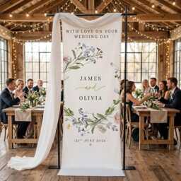 Personalized Wedding Day Banner Floral Wreath, Custom Couple Wall Tapestry, Beach Ceremony Sign, Elegant Fabric Decor 2026 - thumbnail 3