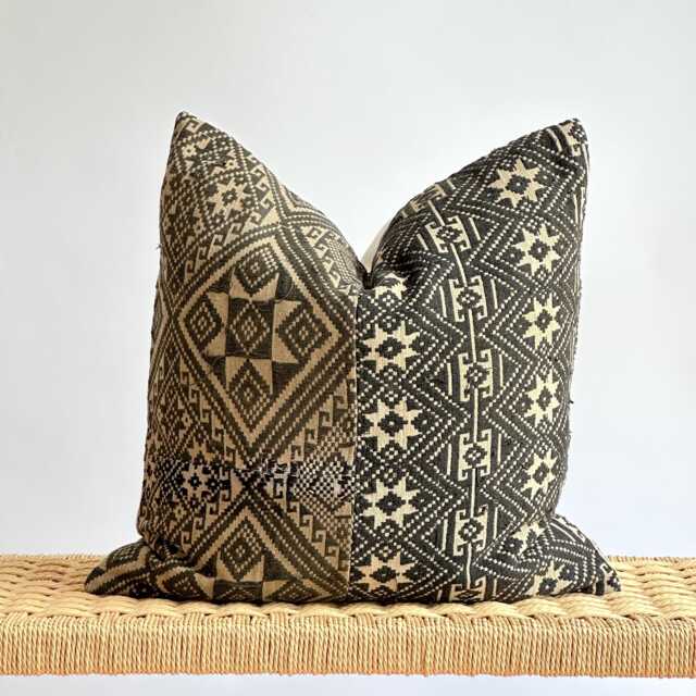 Black Neutral Tribal Hemp Hand Woven Natural Dye Color Lumbar Pillow Cover - Stain - image 1