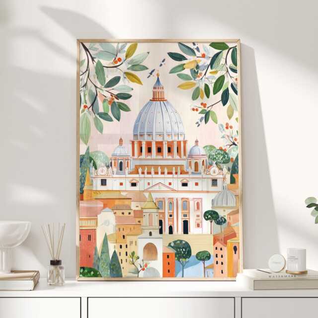 Vatican City Wall Art Print - Colourful Italy Travel Poster Rome Architecture Illustration Italian Cityscape Home Decor - image 1