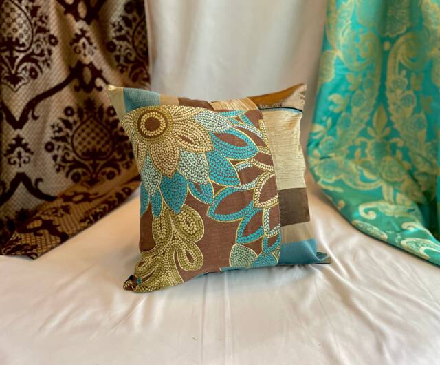 Bohemian Quilted Pillow Cover Chocolate Brown & Teal Jacquard, 18 - image 1