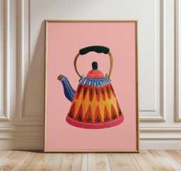 Colorful Kettle Poster, Modern Kitchen Wall Art, Retro Folk Teapot Print, Warm Pink Home Decor - thumbnail 1