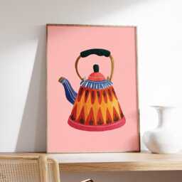 Colorful Kettle Poster, Modern Kitchen Wall Art, Retro Folk Teapot Print, Warm Pink Home Decor - thumbnail 2