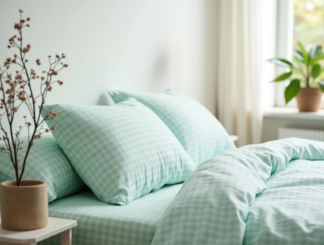 Mint Gingham Cotton 1 Duvet Cover Checkered Comforter Set Cozy Bedroom Decor Duvet - image 1