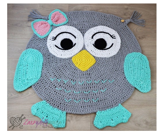 Crochet Owl Rug Cotton Nursery Play Mat, Woodland Decor - image 1