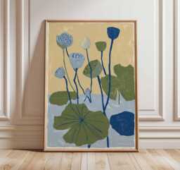 Lotus Flower Poster, Modern Botanical Art Print, Blue & Green Wall Art, Minimalist Nature Illustration, Contemporary Floral Home Decor - thumbnail 1