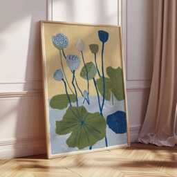 Lotus Flower Poster, Modern Botanical Art Print, Blue & Green Wall Art, Minimalist Nature Illustration, Contemporary Floral Home Decor - thumbnail 2