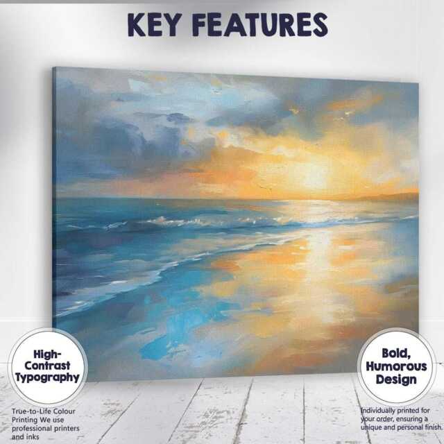 Abstract Coastal Sunset Seascape Blue & Gold Oil Painting Canvas Wall Art Print Decor Picture Ready To Hang - image 1