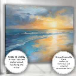 Abstract Coastal Sunset Seascape Blue & Gold Oil Painting Canvas Wall Art Print Decor Picture Ready To Hang - thumbnail 3