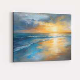 Abstract Coastal Sunset Seascape Blue & Gold Oil Painting Canvas Wall Art Print Decor Picture Ready To Hang - thumbnail 4