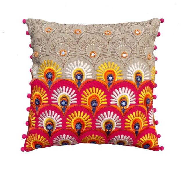 Embroidered Linen Pillow Cover, Bohemian Indian Decor, 16x16 - image 1