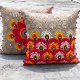 Embroidered Linen Pillow Cover, Bohemian Indian Decor, 16x16 - thumbnail 3