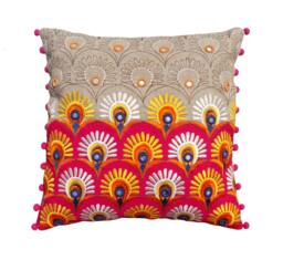 Embroidered Linen Pillow Cover, Bohemian Indian Decor, 16x16 - thumbnail 1