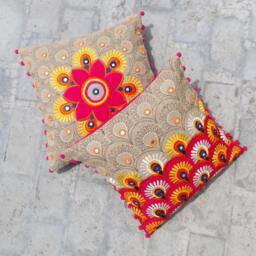 Embroidered Linen Pillow Cover, Bohemian Indian Decor, 16x16 - thumbnail 4