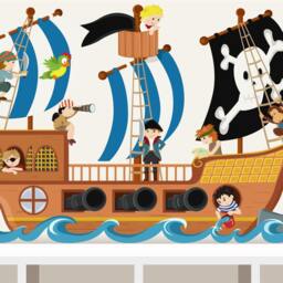 Personalized Pirate Ship Wall Decal - Pirate-Themed Boy's Bedroom Sticker With Name On Flag Hand-Drawn, Made in Germany - thumbnail 2