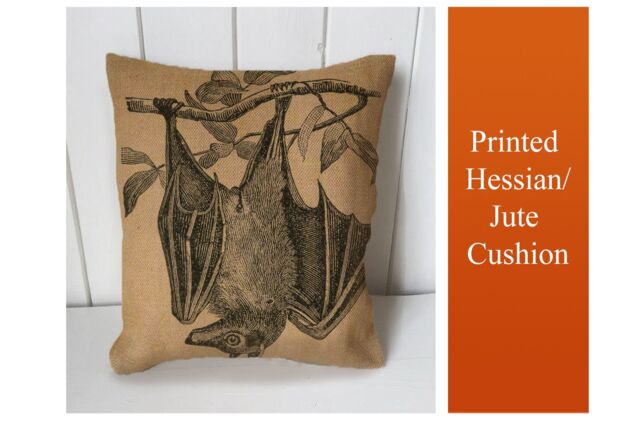 Bat Animal Night Halloween Branch - Cushion Fabric Panel Or Case Or With Filling Rustic Natural Jute Burlap Hessian
