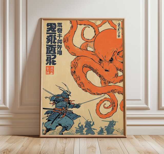 Samurai & Octopus Wall Art, Japanese Battle Poster, Ukiyo-E Inspired Print, Bold Blue Orange Decor, Warrior Illustration Artwork - image 1