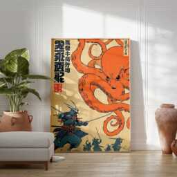 Samurai & Octopus Wall Art, Japanese Battle Poster, Ukiyo-E Inspired Print, Bold Blue Orange Decor, Warrior Illustration Artwork - thumbnail 3